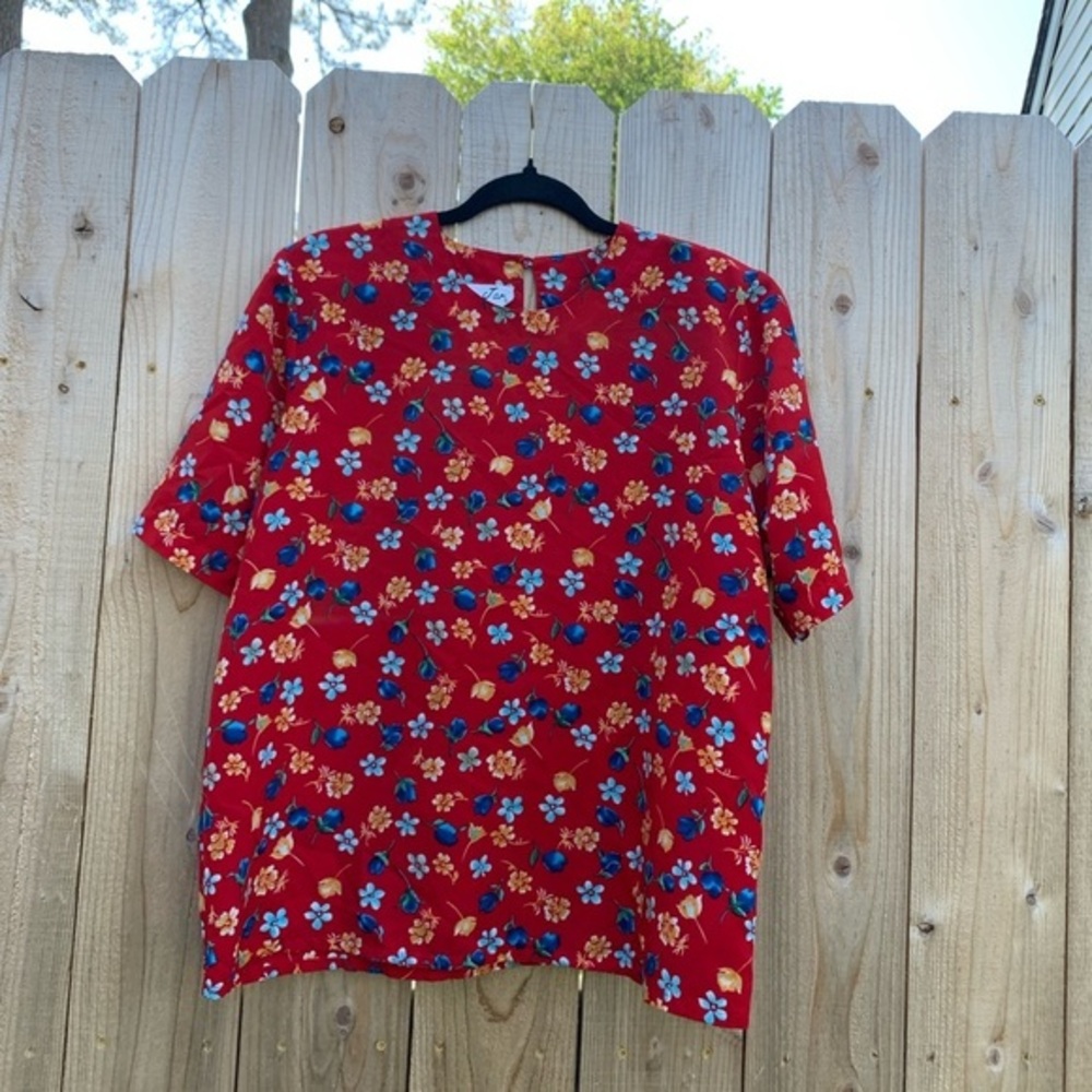 Ginger Jar 90s Floral red‎ Shirt Short Sleeve Yellow Women's 12 blue vintage